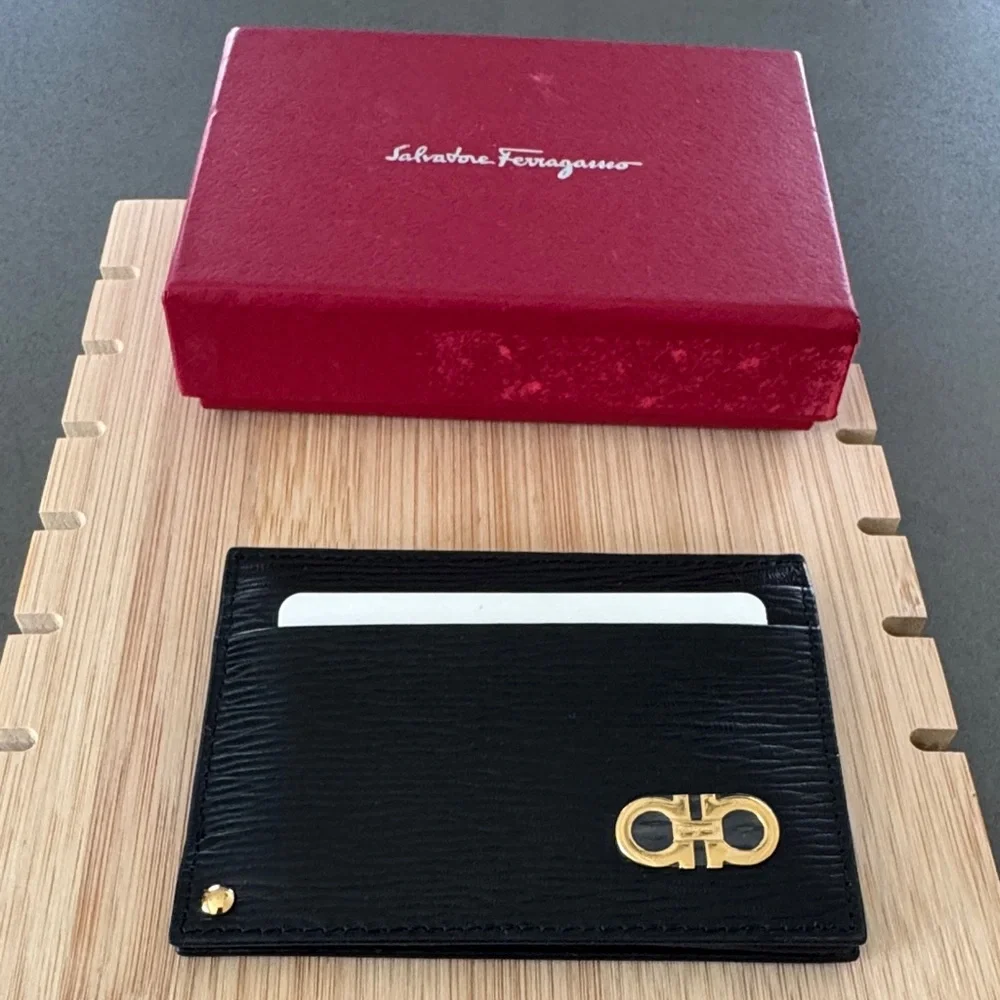 Salvatore Ferragamo NWOT Black Leather Card Case Wallet with box.